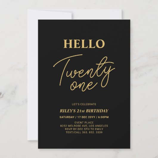 Hello Twenty one Gold & Black 21st Birthday Party Einladung (Vorderseite)