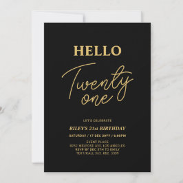 Hello Twenty one Gold & Black 21st Birthday Party Einladung