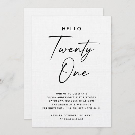 Hello Twenty One | Modern Script 21st Birthday Einladung (Vorne/Hinten)