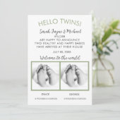 Hello Twins Foto Birth Announcement Card Ankündigung (Stehend Vorderseite)