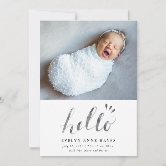 Hello Watercolor Script Baby Foto Birth Ankündigung (Vorderseite)