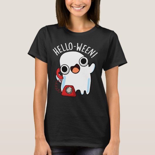 Hello-ween Funny Ghost Pun Dark BG T-Shirt (Vorderseite)