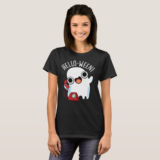 Hello-ween Funny Ghost Pun Dark BG T-Shirt (Vorne ganz)