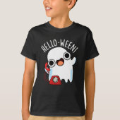 Hello-ween Funny Ghost Pun Dark BG T-Shirt (Vorderseite)