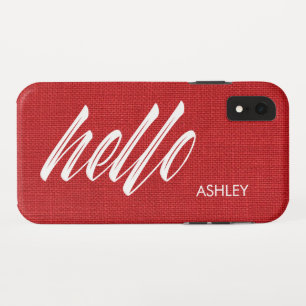 Hello White Script Name on Red Linen Texture Foto Case-Mate iPhone Hülle