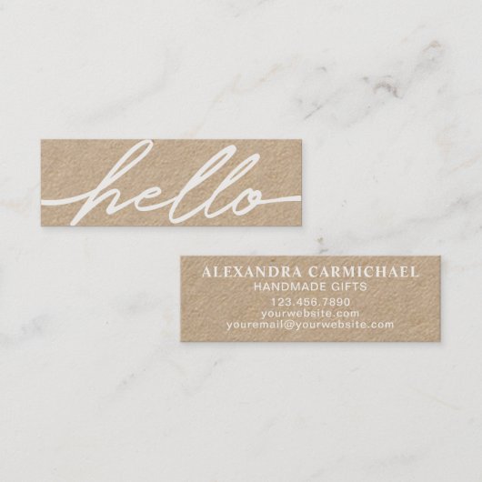 Hello White Script Typografie Kraft Business Card Mini Visitenkarte (Vorne/Hinten)