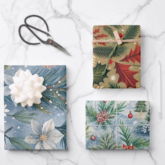 Hello Winter Pines & Flowers Geschenkpapier Set (Vorderseite)