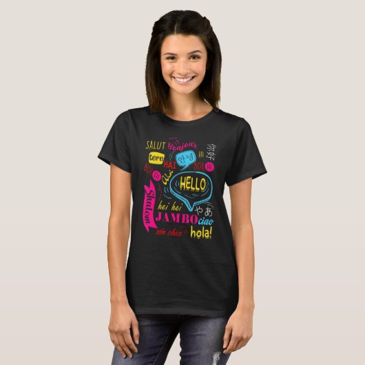 Hello Word in Different Languages Travel and Teach T-Shirt (Vorne ganz)