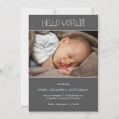 Hello World Birth Announcement//Grau Ankündigung (Vorderseite)
