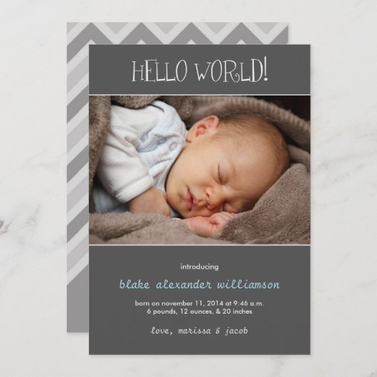 Hello World Birth Announcement//Grau Ankündigung (Vorne/Hinten)