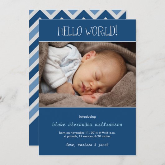 Hello World Birth Announcement/Monaco Blue Ankündigung (Vorne/Hinten)