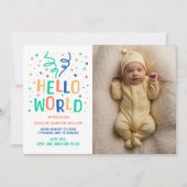 Hello World Colorful Confetti Geburtserklärung Ankündigung (Vorderseite)