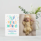 Hello World Colorful Confetti Geburtserklärung Ankündigung (Stehend Vorderseite)