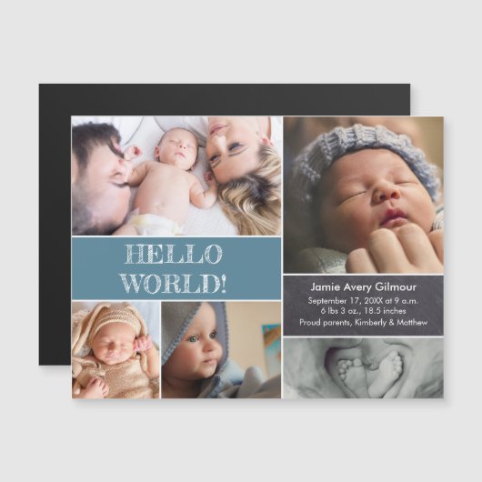 Hello World Custom Foto Collage Baby Geburt Magneteinladung (Vorne/Hinten)