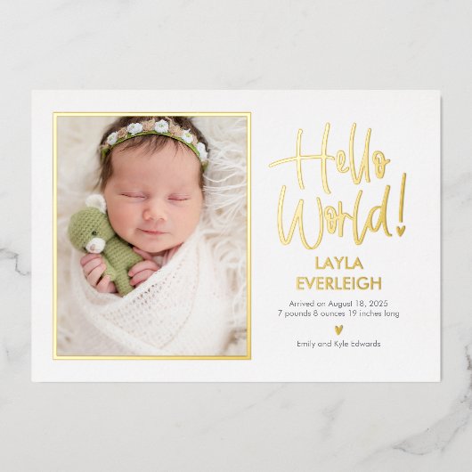 Hello World Foil Baby Birth Ankündigung (Vorderseite)
