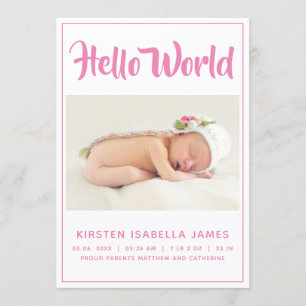 Hello World Foto Baby Announction Pink Einladung