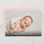 Hello World Foto Elegante Script Girl Birth Ankündigung (Vorne/Hinten)