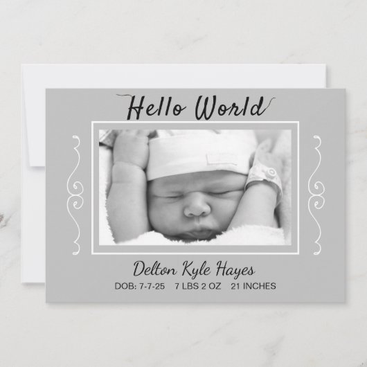 Hello World Foto Gray Baby Birth Ankündigung (Vorderseite)