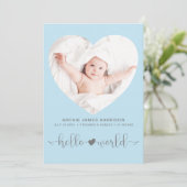 Hello World Foto Heart Frame Blue Boy Birth Ankündigung (Stehend Vorderseite)