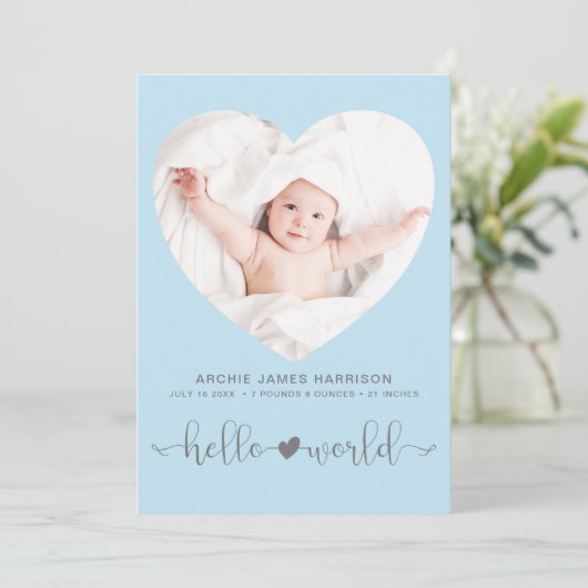 Hello World Foto Heart Frame Blue Boy Birth Ankündigung (Stehend Vorderseite)