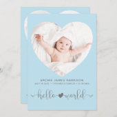 Hello World Foto Heart Frame Blue Boy Birth Ankündigung (Vorne/Hinten)