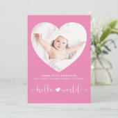 Hello World Foto Heart Frame Pink Girl Birth Ankündigung (Stehend Vorderseite)