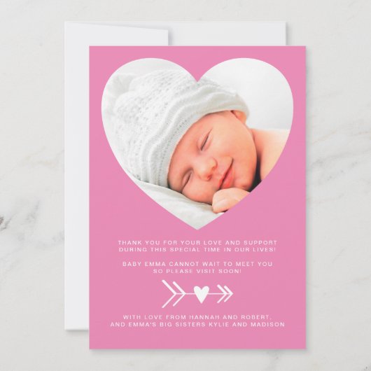 Hello World Foto Heart Frame Pink Girl Birth Ankündigung (Rückseite)
