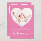 Hello World Foto Heart Frame Pink Girl Birth Ankündigung (Vorne/Hinten)