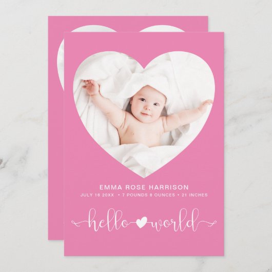 Hello World Foto Heart Frame Pink Girl Birth Ankündigung (Vorne/Hinten)