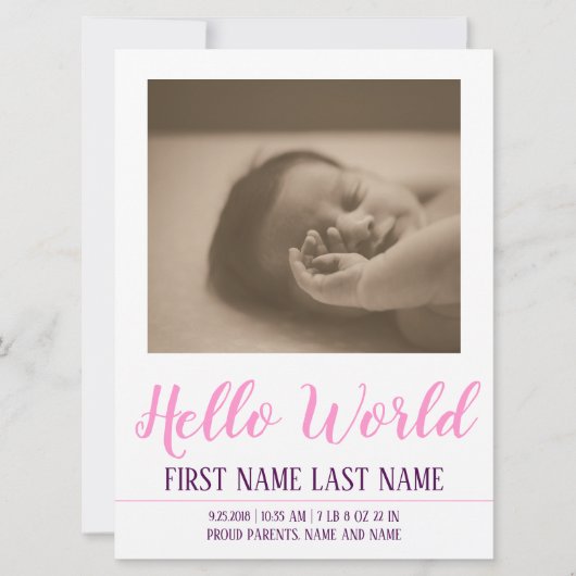Hello World - Geburtsankündigung mit Foto (Vorderseite)