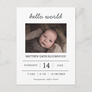 Hello World Geburtsankündigung Neugeborenes Foto Ankündigungspostkarte