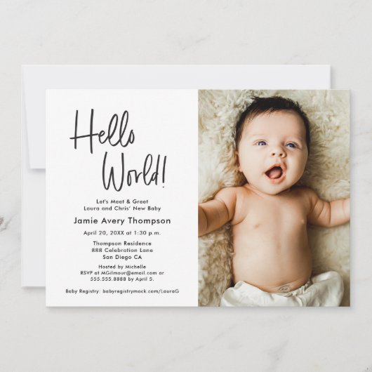 Hello World Modern Photo Meet & greet Baby Shower Einladung (Vorderseite)