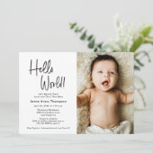 Hello World Modern Photo Meet & greet Baby Shower Einladung (Stehend Vorderseite)