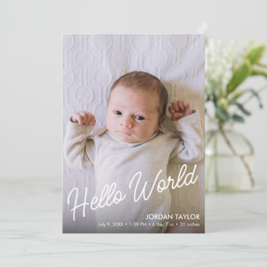 Hello World Modern Script Neuborn Baby Birth Ankündigung (Stehend Vorderseite)