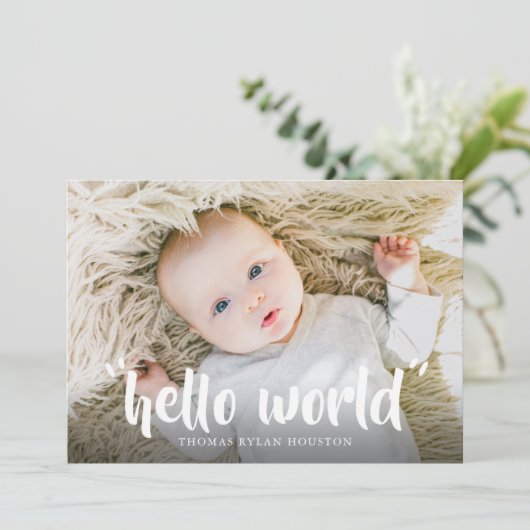 Hello World New Baby Birth Ankündigung (Stehend Vorderseite)