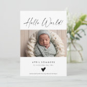 Hello World Photo Baby Birth Announcement Card Einladung (Stehend Vorderseite)