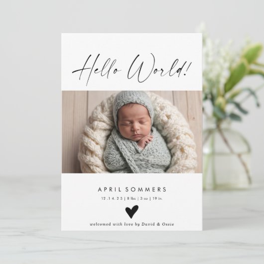 Hello World Photo Baby Birth Announcement Card Einladung (Stehend Vorderseite)
