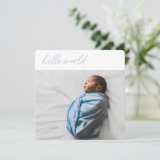 'Hello World' Pink Script - Baby Announccard (Stehend Vorderseite)