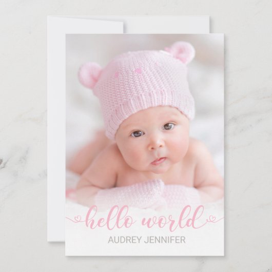 Hello World Pink Script Foto Baby Girl Birth Ankündigung (Vorderseite)