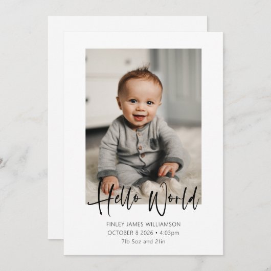 Hello World Script Welcome Baby Foto Birth Ankündigung (Vorne/Hinten)