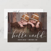 Hello World Twins Foto Birth Ankündigungspostkarte (Vorne/Hinten)