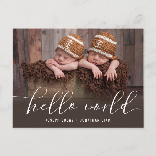 Hello World Twins Foto Birth Ankündigungspostkarte (Vorderseite)