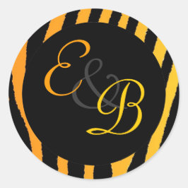 Hellorange gelbe zebrastreifen-Monogramm-Etiketten Runder Aufkleber