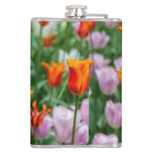 Hellorange Tulpen im Park Flachmann (Rückseite)