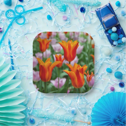 Hellorangefarbene Tulpen im Parkpapier-Teller Pappteller (Party)