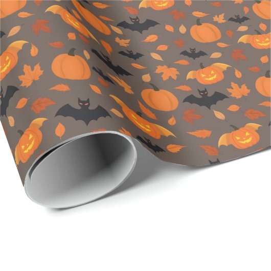 Helloween | Kürbis, Fledermaus, Blätter im Herbst. Geschenkpapier (Rolleneckpunkt)