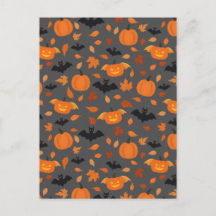 Helloween   Kürbis, Fledermaus, Blätter im Herbst. Postkarte