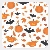 Helloween | Kürbis, Fledermaus, Blätter im Herbst. Quadratischer Aufkleber (Vorderseite)
