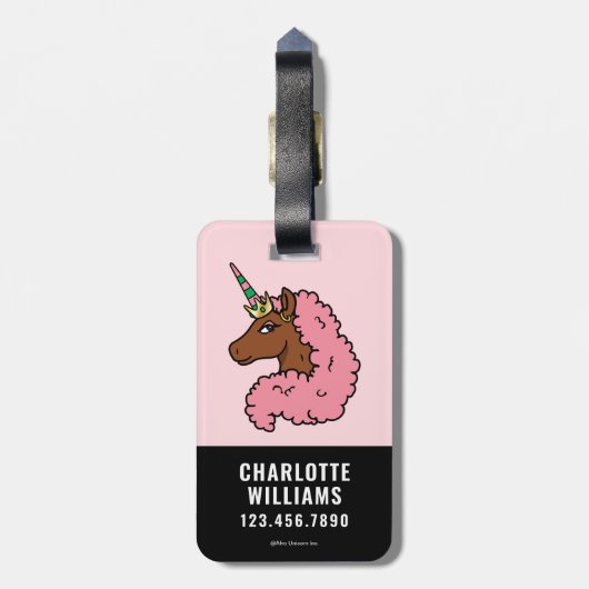 Hellrosa Afro Unicorn Gepäckanhänger (Rückseite vertikal)