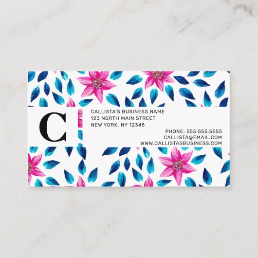 Hellrosa blaue Blumen Blätter Acrylfarbe Visitenkarte (Rückseite)